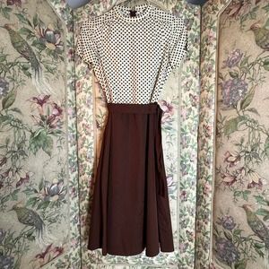 David Warren Vintage 1970s Brown Polka‎ Dot Dress and Jacket Ensemble Midi 70s
